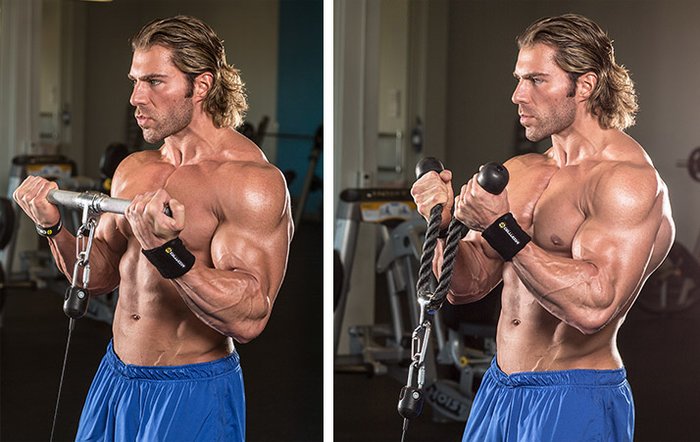 Biceps cable curl with straight-bar and rope attachments